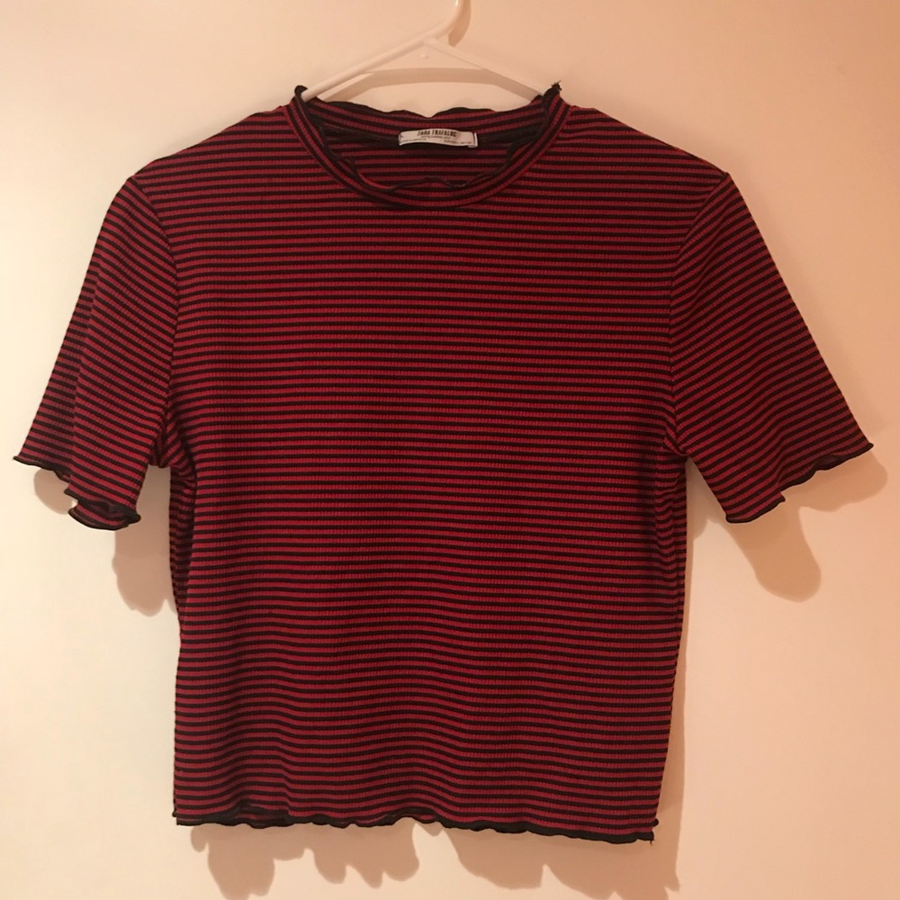 zara red/black striped ribbed frill mock neck top - Picture 1 of 5